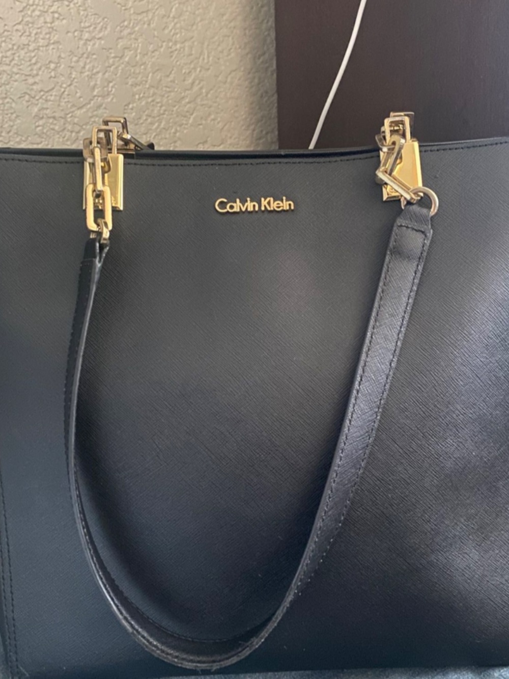 Calvin Klein Black Shoulder Tote with Gold Hardware